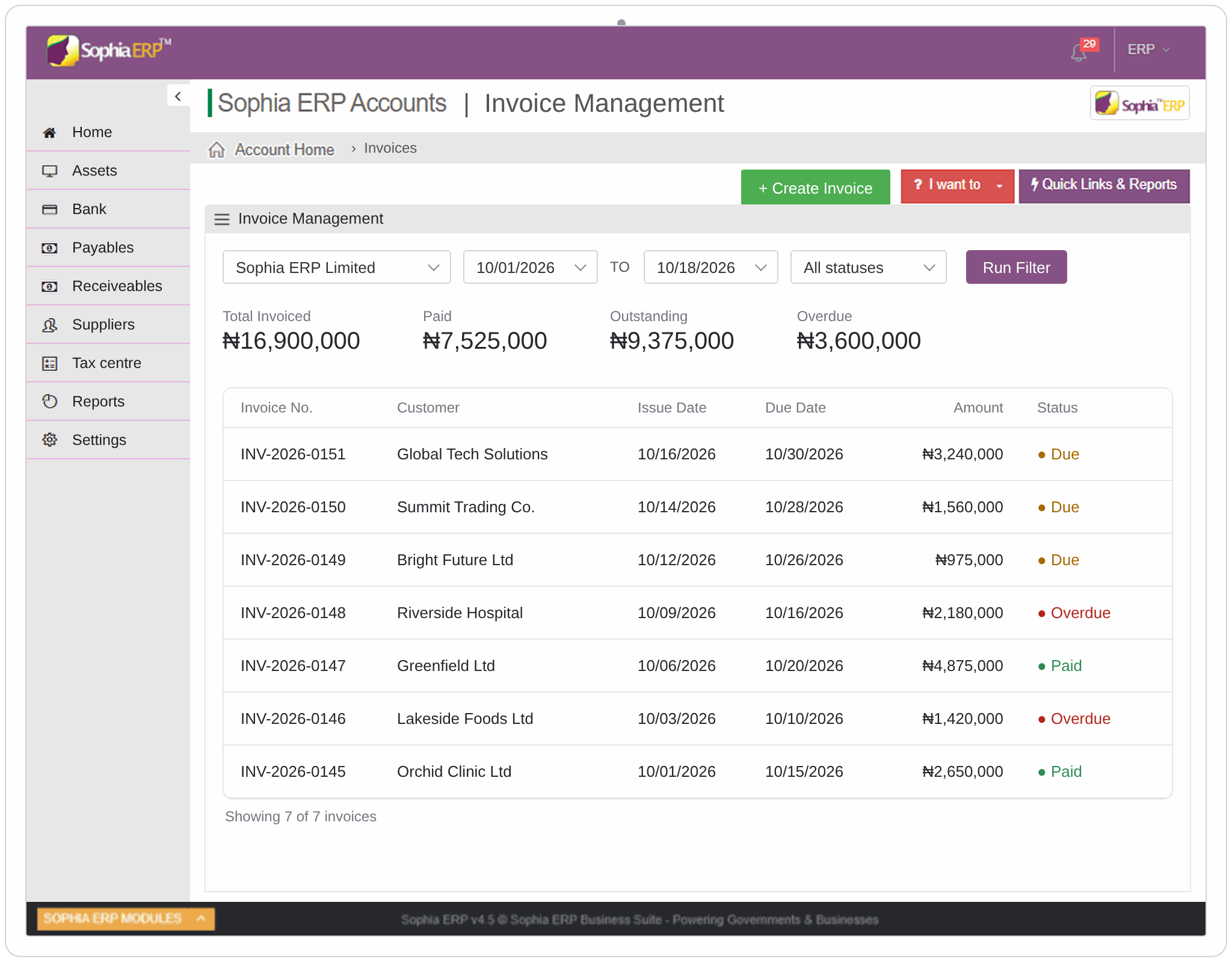 Sophia ERP Finance customer invoicing and financial records