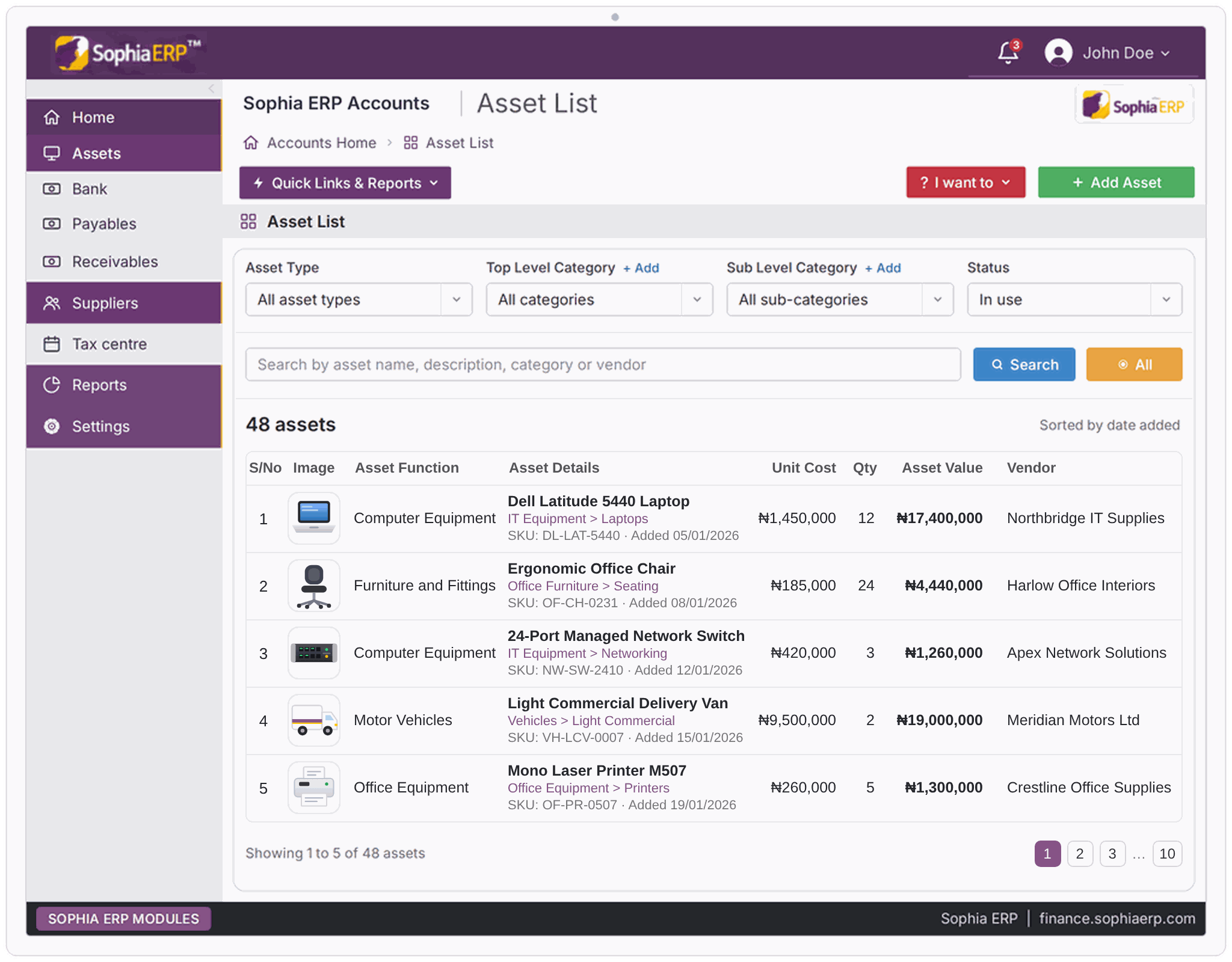 Sophia ERP Finance Assets interface preview