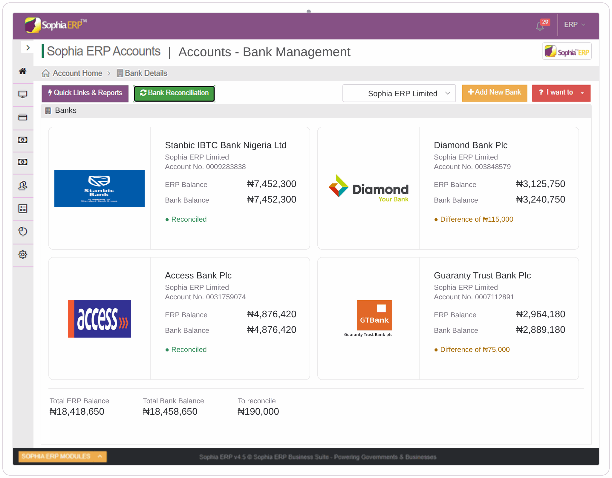 Sophia ERP Finance Banking & Reconciliation interface preview