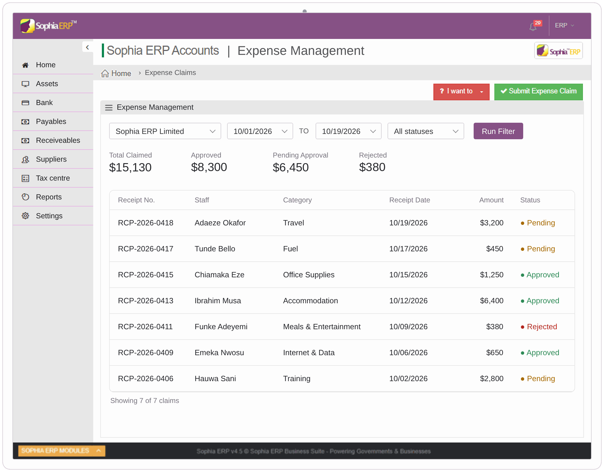 Sophia ERP Finance Expense Management interface preview