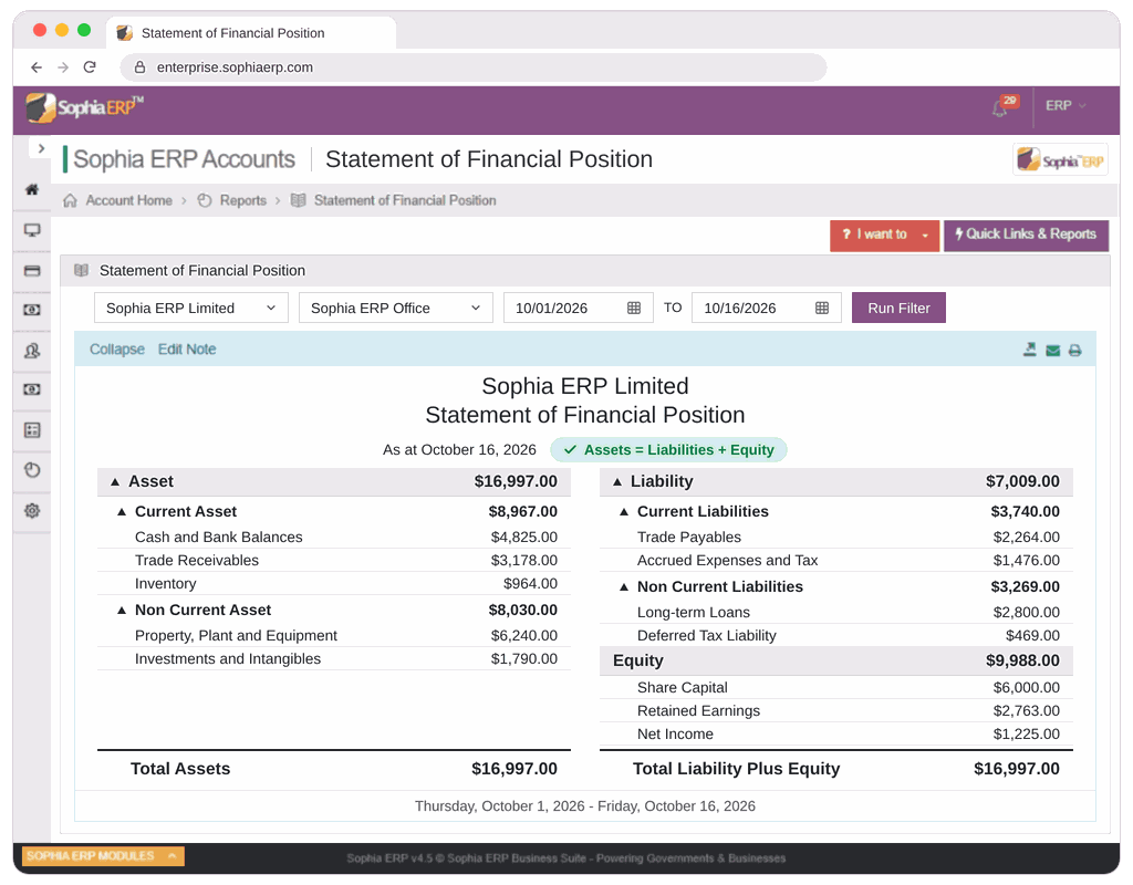 Sophia ERP Finance accounts dashboard