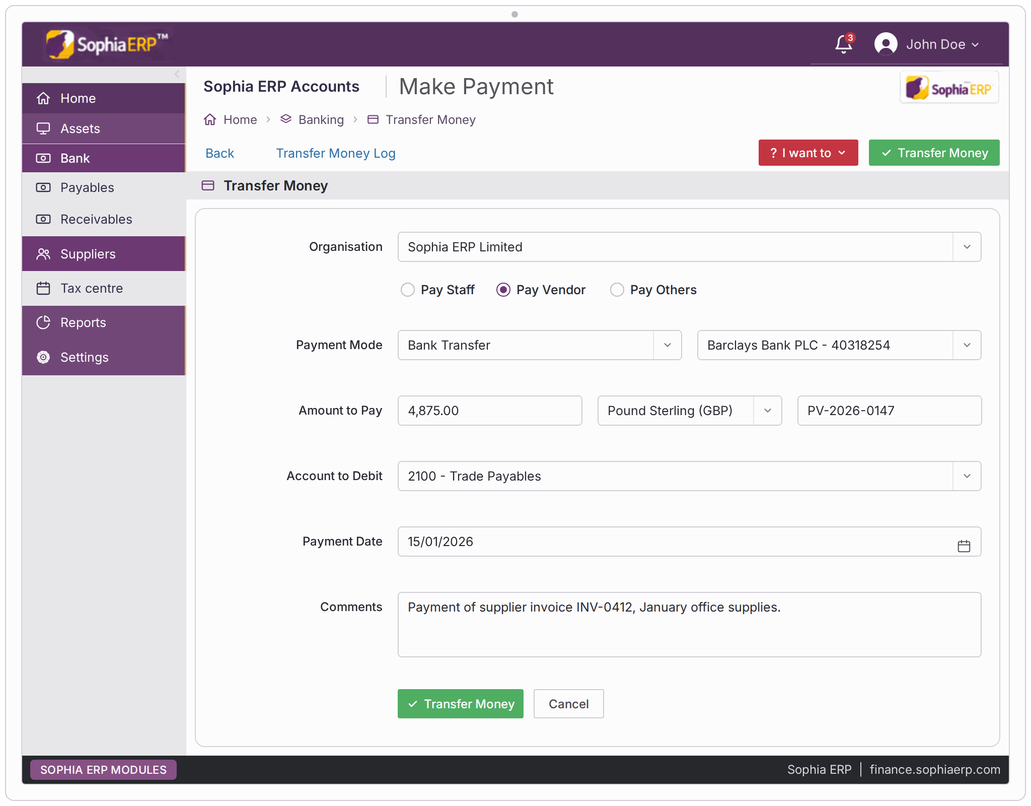 Sophia ERP Finance payment workflow for preparing and reviewing a payment